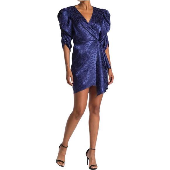 Ronny Kobo Collection Medieval Blue Amara Wrap Accent 3/4 Puff Sleeve Dress Sz S